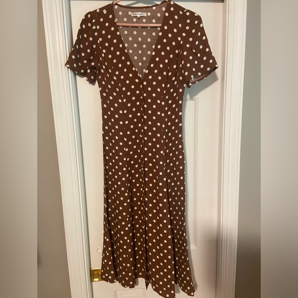 Reformation Brown Polka Dot Dress